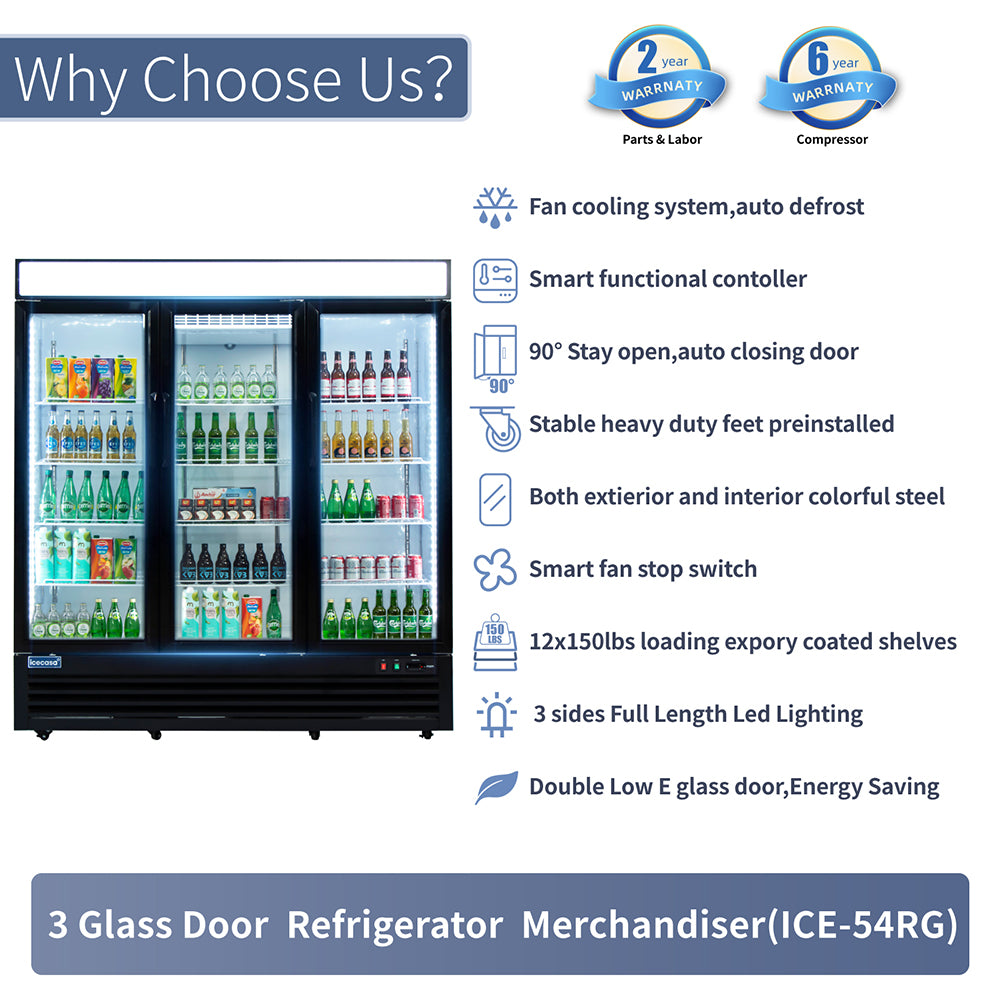 ICECASA 72" 3 Door Commercial Beverage Cooler, 3 Glass Door Commercial Drink Refrigerator