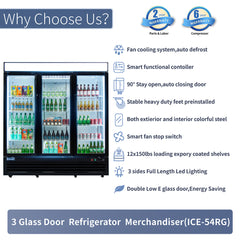 ICECASA 72" 3 Door Commercial Beverage Cooler, 3 Glass Door Commercial Drink Refrigerator