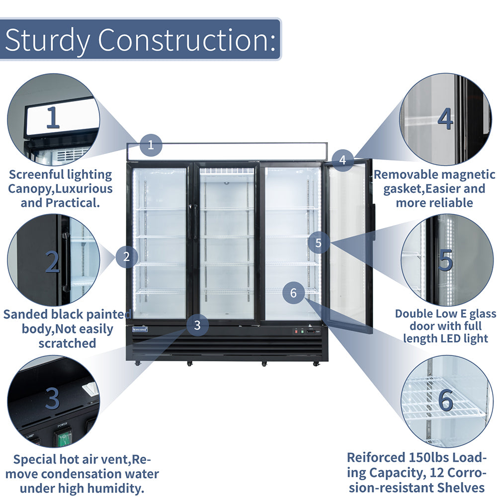 ICECASA 72" 3 Door Commercial Beverage Cooler, 3 Glass Door Commercial Drink Refrigerator