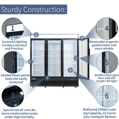 ICECASA 72" 3 Door Commercial Beverage Cooler, 3 Glass Door Commercial Drink Refrigerator