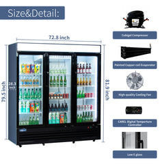 ICECASA 72" 3 Door Commercial Beverage Cooler, 3 Glass Door Commercial Drink Refrigerator