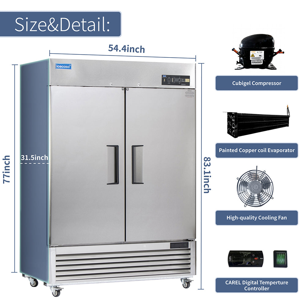 ICECASA 54" Fridge For Commercial, Industrial 2 Door Reach-In Stand Up Commercial Refrigerator, Cooler