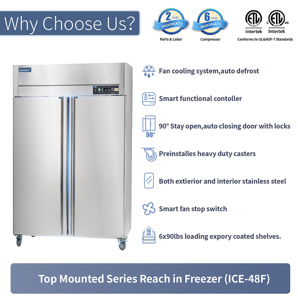 ICECASA 48 Inch Commercial Freezer, Restaurant 2 Door Reach-In Commercial Upright Freezer