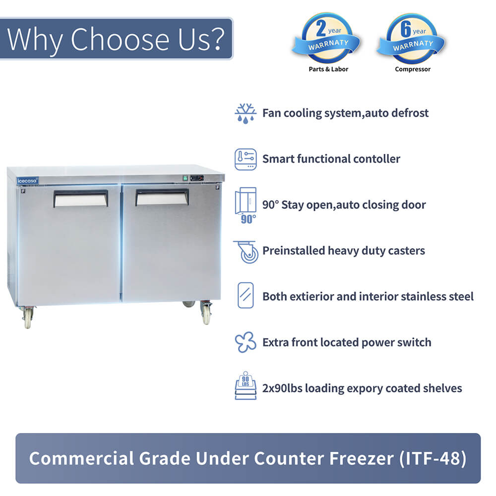 ICECASA 48" Stainless Steel Commercial Undercounter Freezer