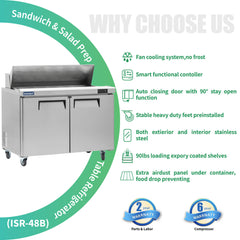 ICECASA 48" Stainless Steel Sandwich Prep Table Refrigerator
