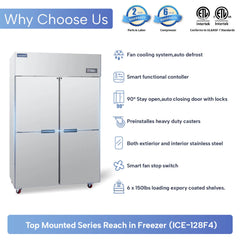ICECASA Commercial 48" 4 Split Door Freezer Upright Reach-In Freezer for Restaurant | ICE-128F4