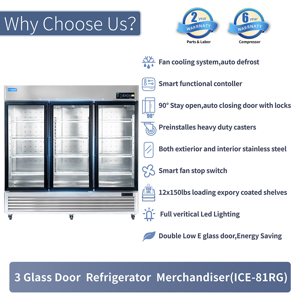 ICECASA 82" 3 Door Commercial Beverage Cooler, 3 Glass Door Commercial Drink Refrigerator