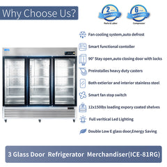 ICECASA 82" 3 Door Commercial Beverage Cooler, 3 Glass Door Commercial Drink Refrigerator