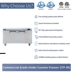 ICECASA Commercial 60" 2-Door Undercounter Freezer Stainless Steel Worktop Freezer | ITF-60