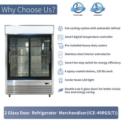 ICECASA 54-Inch Commercial Sliding Glass Door Display Refrigerator - Double Door Reach-in Merchandiser