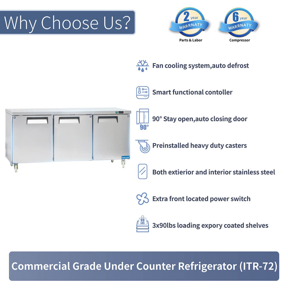 ICECASA 72" Stainless Steel Commercial Undercounter Fridge