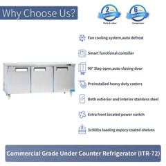 ICECASA 72" Stainless Steel Commercial Undercounter Fridge