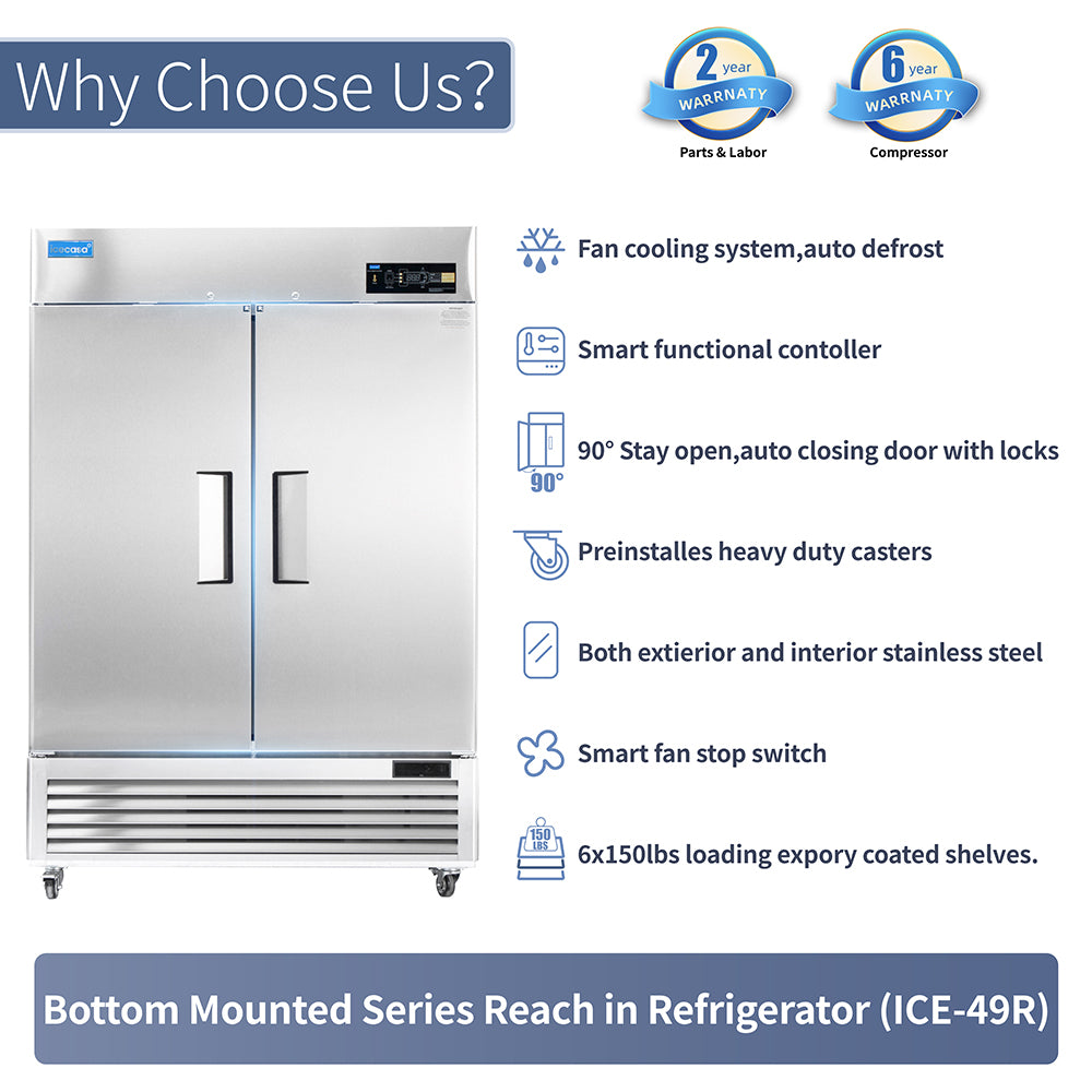 ICECASA 54" Fridge For Commercial, Industrial 2 Door Reach-In Stand Up Commercial Refrigerator, Cooler