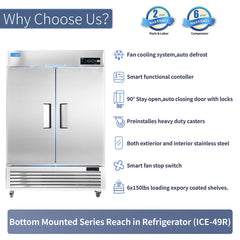 ICECASA 54" Fridge For Commercial, Industrial 2 Door Reach-In Stand Up Commercial Refrigerator, Cooler