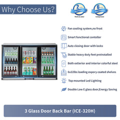 ICECASA Undercounter Beverage Cooler Fridge, 3 Glass Door Back Bar Fridge 52.6" Commericial Wine Cooler