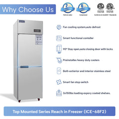 ICECASA Commercial 24" 2 Split Door Freezer Upright Reach-In Freezer for Restaurant | ICE-68F2