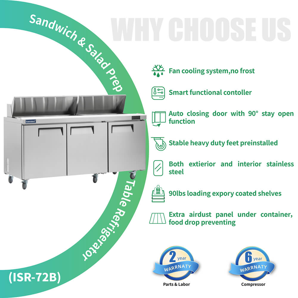 ICECASA 72" Stainless Steel Sandwich Prep Table Refrigerator