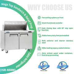 ICECASA 48" Stainless Steel Mega Top Sandwich Prep Table Refrigerator