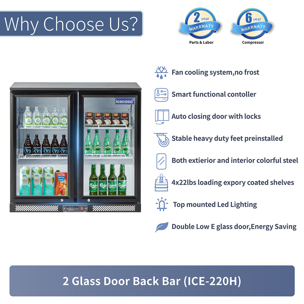 ICECASA Undercounter Beverage Cooler Fridge, 2 Glass Door Back Bar Fridge 35.4" Commericial Wine Cooler