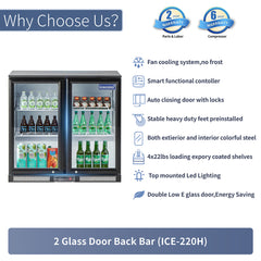 ICECASA Undercounter Beverage Cooler Fridge, 2 Glass Door Back Bar Fridge 35.4" Commericial Wine Cooler