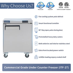 ICECASA Commercial 27" 1-Door Undercounter Freezer Stainless Steel Worktop Freezer | ITF-27