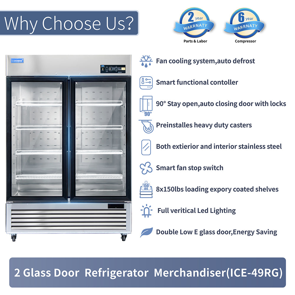 ICECASA 54" 2 Door Commercial Beverage Cooler, Double Glass Door Commercial Drink Refrigerator