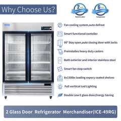 ICECASA 54" 2 Door Commercial Beverage Cooler, Double Glass Door Commercial Drink Refrigerator