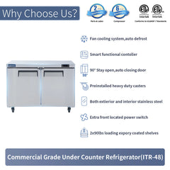 ICECASA Commercial 48" 2-Door Undercounter Refrigerator Stainless Steel Worktop Cooler | ITR-48