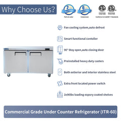 ICECASA Commercial 60" 2-Door Undercounter Refrigerator Stainless Steel Worktop Cooler | ITR-60