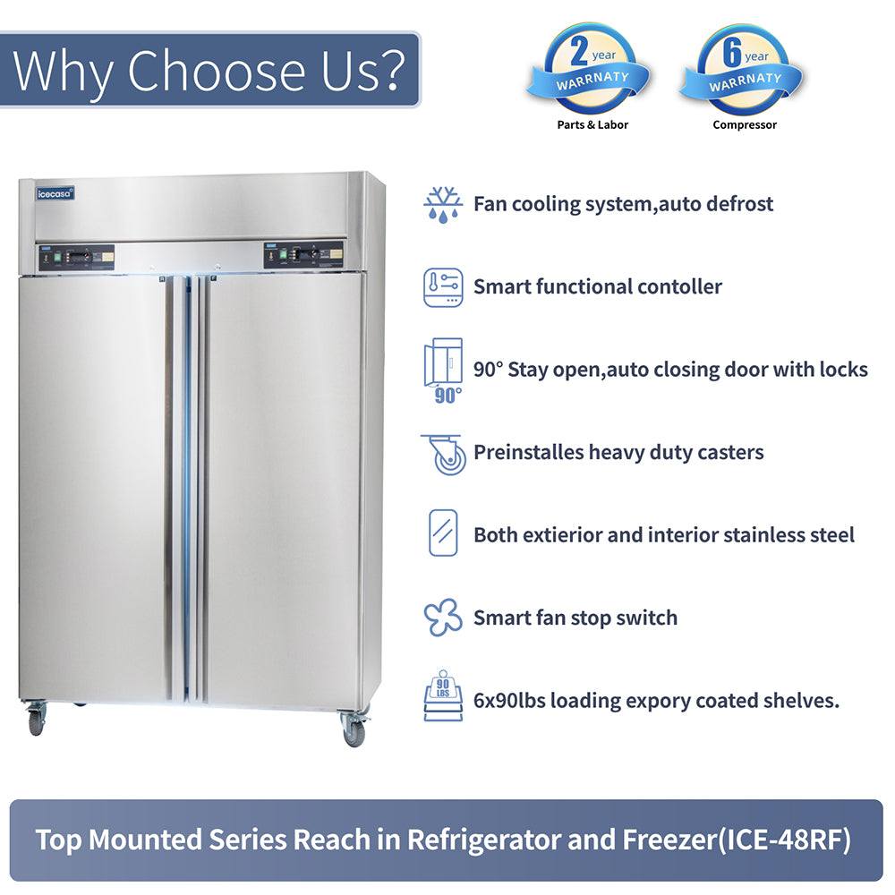 ICECASA 2 Door Commercial Fridge With Freezer, 48" Reach-In Industrial Freezer And Refrigerator