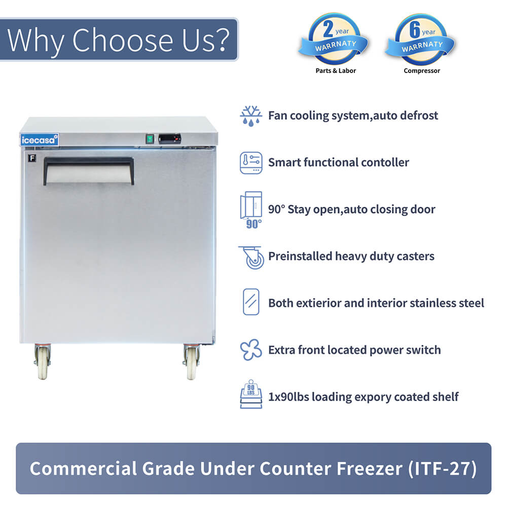 ICECASA 27" Stainless Steel Commercial Undercounter Freezer