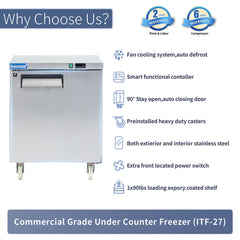 ICECASA 27" Stainless Steel Commercial Undercounter Freezer
