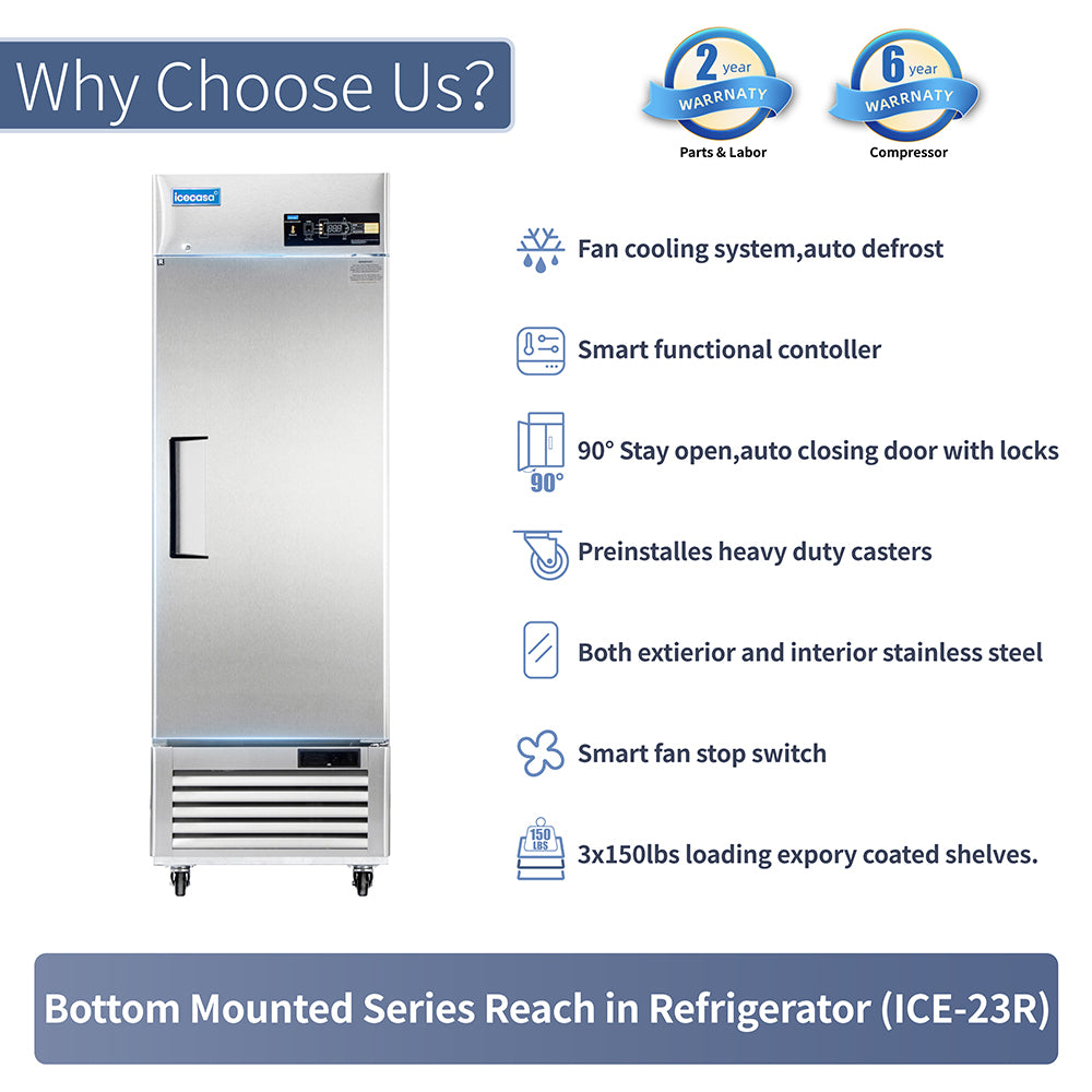 ICECASA 27" Fridge For Commercial, Industrial 1 Door Reach-In Stand Up Commercial Refrigerator, Cooler