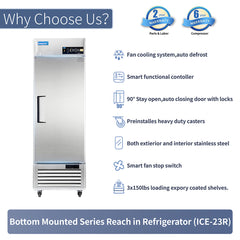 ICECASA 27" Fridge For Commercial, Industrial 1 Door Reach-In Stand Up Commercial Refrigerator, Cooler