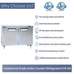 ICECASA 48" Stainless Steel Commercial Undercounter Fridge