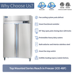 ICECASA 48 Inch Commercial Freezer, Restaurant 2 Door Reach-In Commercial Upright Freezer