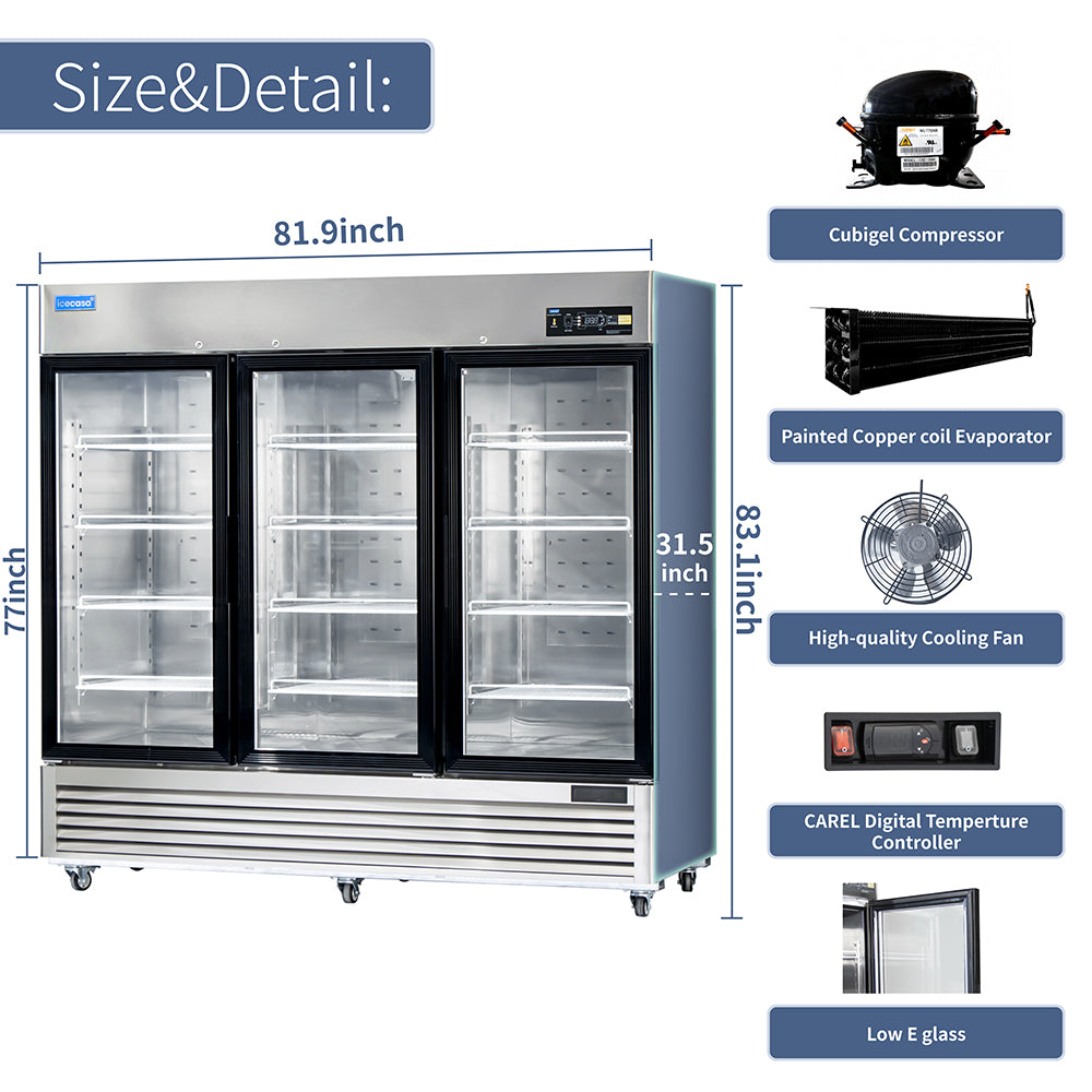 ICECASA 82" 3 Door Commercial Beverage Cooler, 3 Glass Door Commercial Drink Refrigerator
