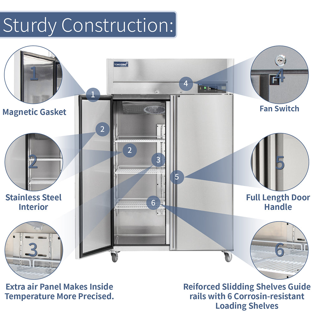ICECASA 48 Inch Commercial Freezer, Restaurant 2 Door Reach-In Commercial Upright Freezer