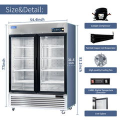 ICECASA 54" 2 Door Commercial Beverage Cooler, Double Glass Door Commercial Drink Refrigerator