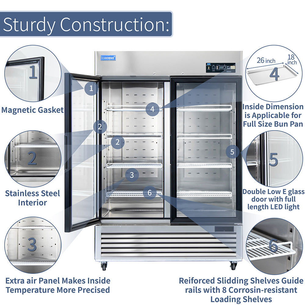 ICECASA 54" 2 Door Commercial Beverage Cooler, Double Glass Door Commercial Drink Refrigerator
