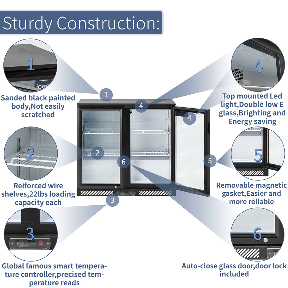 ICECASA Undercounter Beverage Cooler Fridge, 2 Glass Door Back Bar Fridge 35.4" Commericial Wine Cooler
