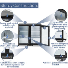 ICECASA Undercounter Beverage Cooler Fridge, 2 Glass Door Back Bar Fridge 35.4" Commericial Wine Cooler