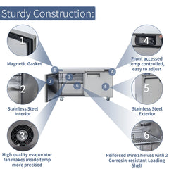 Commercial Undercounter Refrigerator, ICECASA 60 Inch 2 Door Under Counter Lowboy Fridge Worktop Cooler