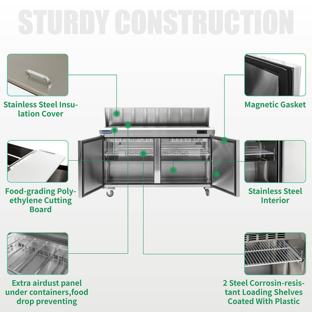 ICECASA 60" Stainless Steel Sandwich Prep Table Refrigerator