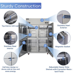 ICECASA 48 Inch Commercial Reach-In Refrigerators and Freezer Combo, 4 Split Doors, Stainless Steel Upright Fridge Freezer