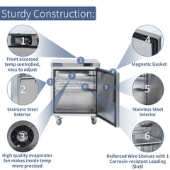 Commercial Undercounter Refrigerator, ICECASA 27 Inch 1 Door Under Counter Lowboy Fridge Worktop Cooler