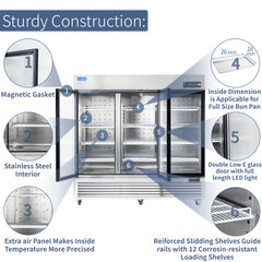 ICECASA 82" 3 Door Commercial Beverage Cooler, 3 Glass Door Commercial Drink Refrigerator