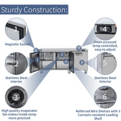 Commercial Undercounter Refrigerator, ICECASA 72 Inch 3 Door Under Counter Lowboy Fridge Worktop Cooler