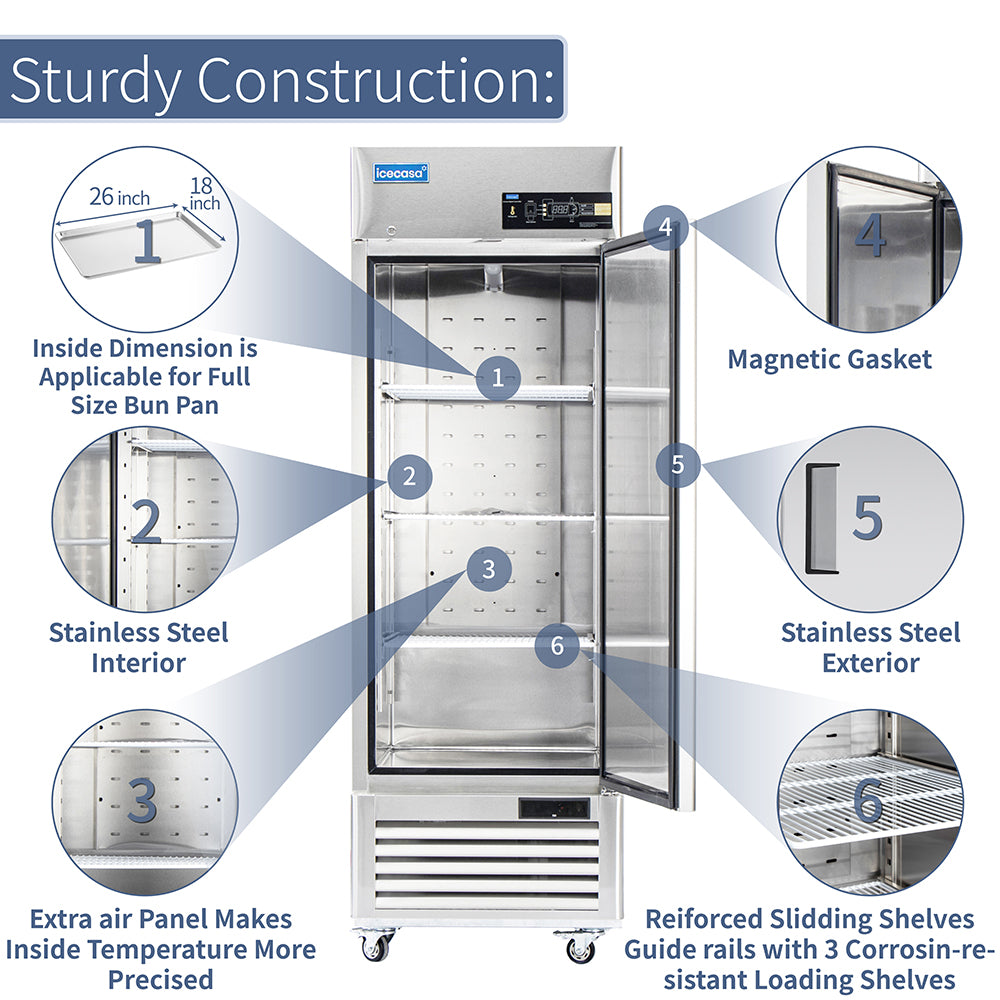 ICECASA 27" Fridge For Commercial, Industrial 1 Door Reach-In Stand Up Commercial Refrigerator, Cooler