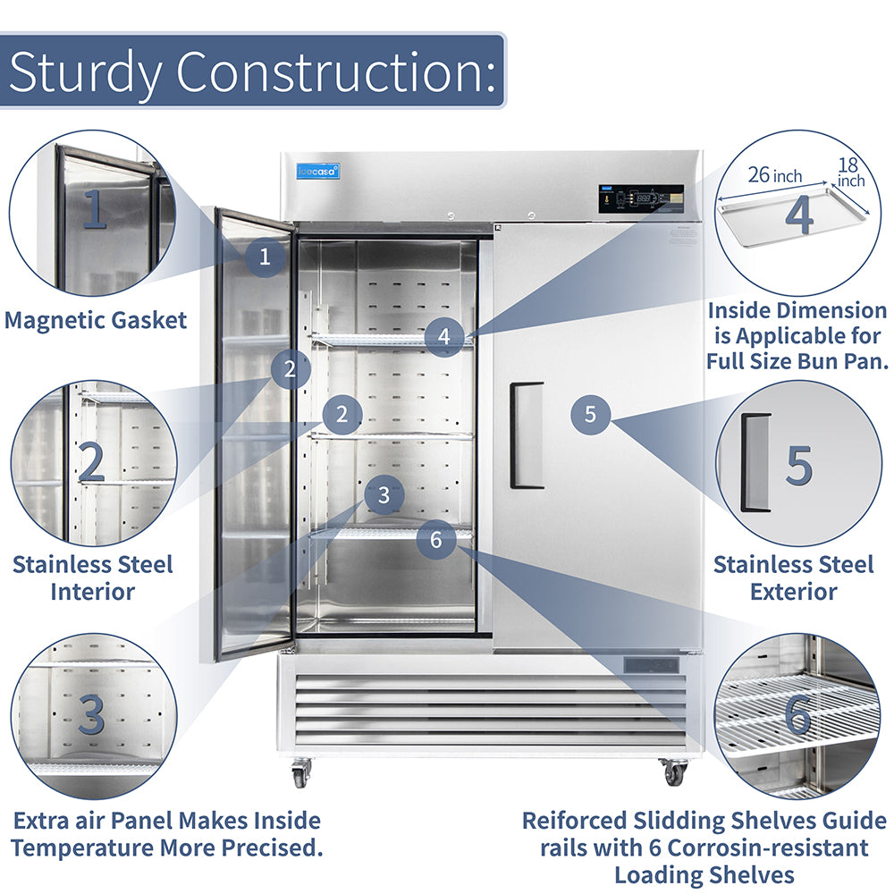 ICECASA 54" Fridge For Commercial, Industrial 2 Door Reach-In Stand Up Commercial Refrigerator, Cooler